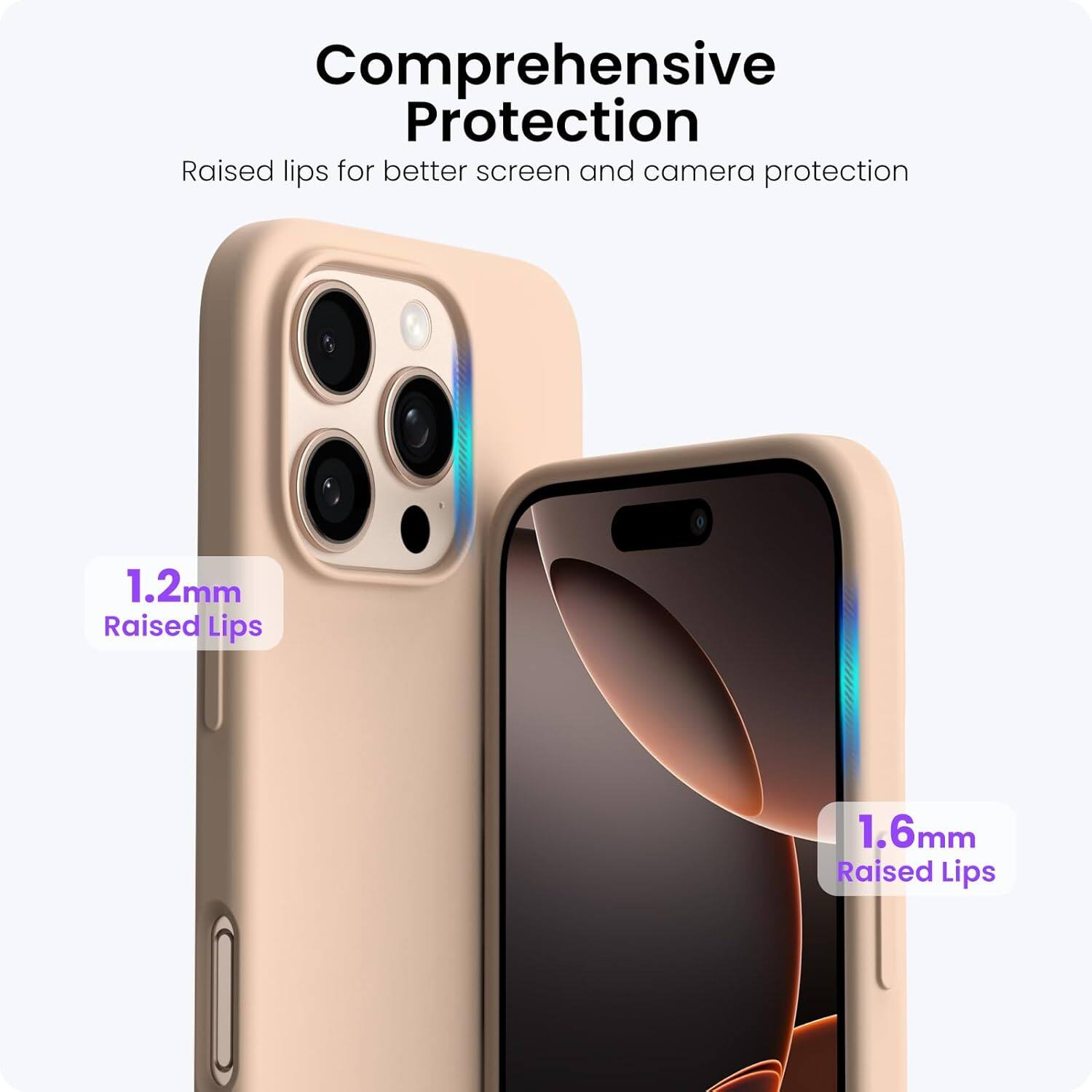 Comprehensive Protection
Raised lips for better screen and camera protection
1.2mm Raised Lips
1.6mm Raised Lips