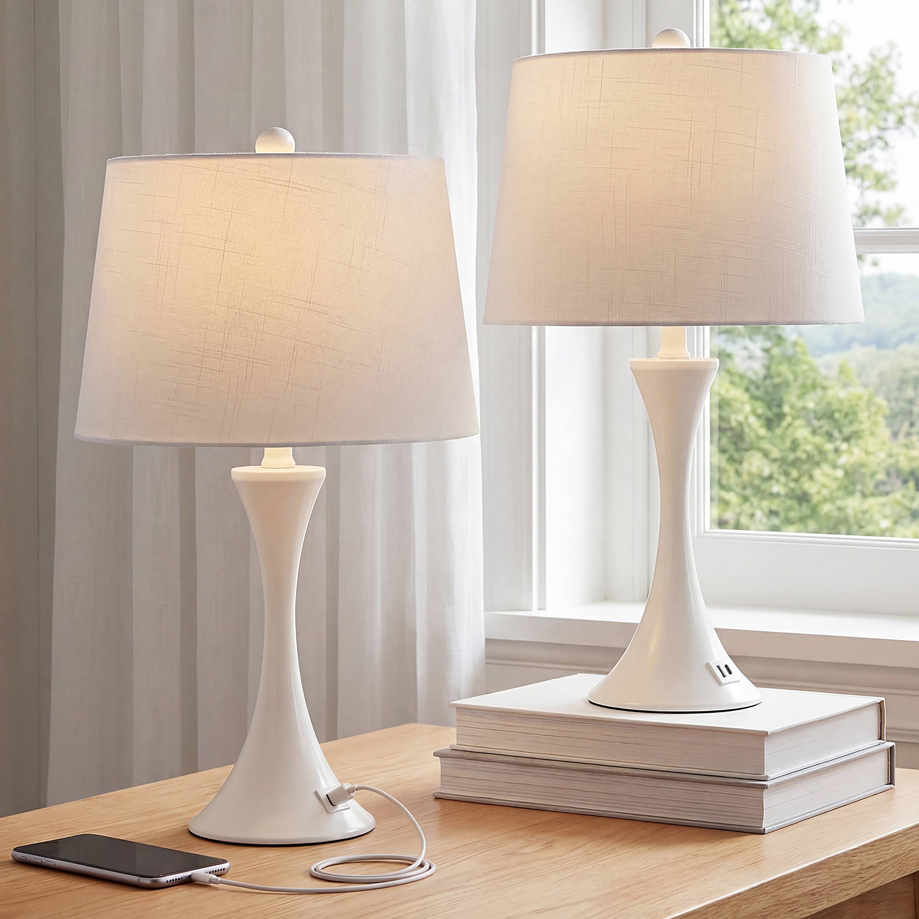 Alt View 1. Jonathan Y - Bennett 23" White Metal Candlestick Table Lamp Set of 2 for Bedroom with Touch Sensor with USB A and C Charging Ports - White.