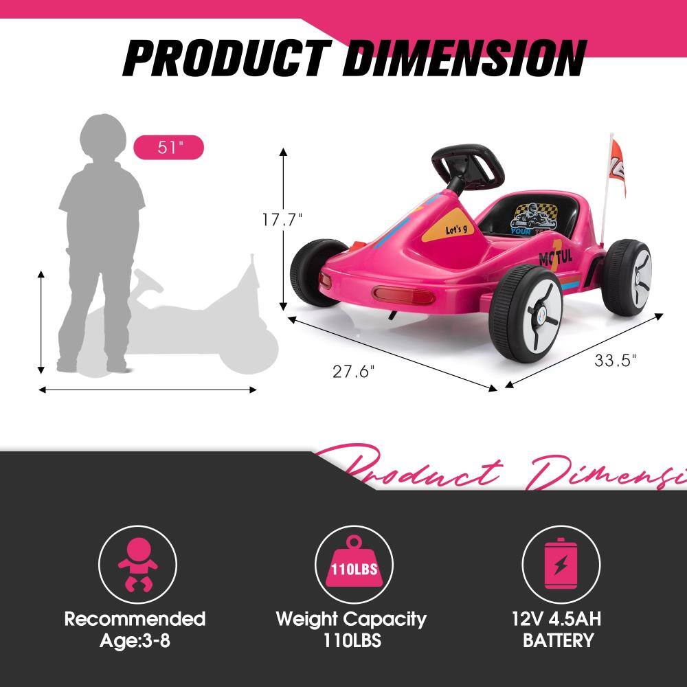 PRODUCT DIMENSION

- Height: 51"
- Width: 33.5"
- Depth: 27.6"
- Wheel Diameter: 17.7"

Recommended Age: 3-8

Weight Capacity: 110LBS

12V 4.5AH BATTERY