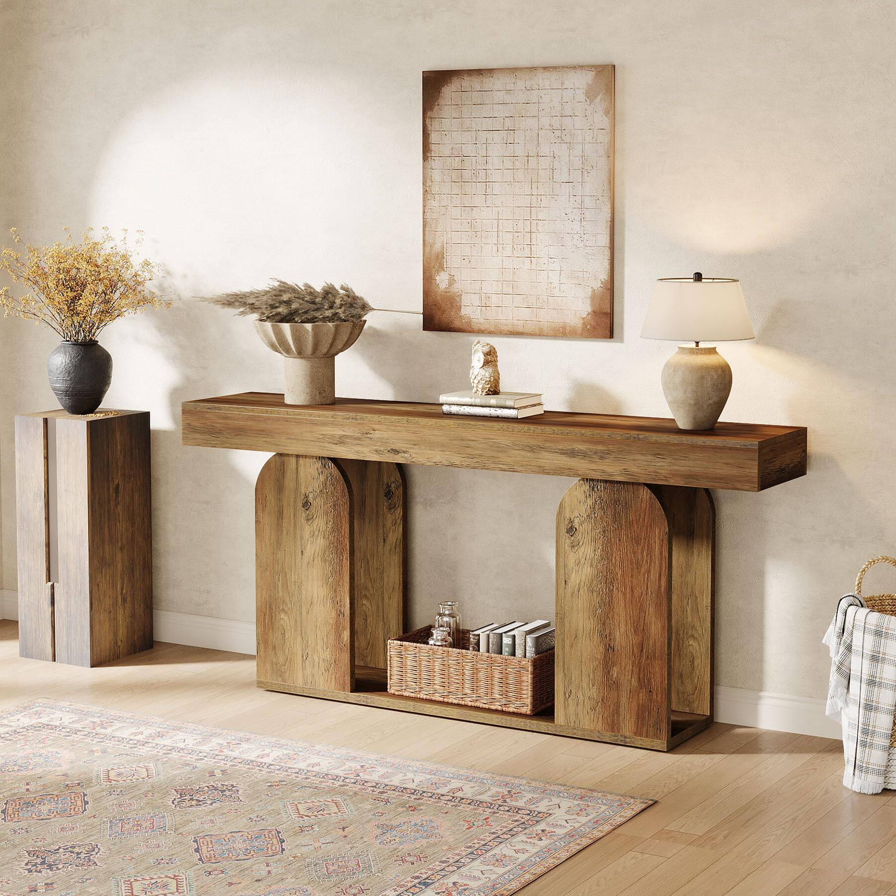 Alt View 3. Tribesigns - 70.9-Inch Extra Long Farmhouse Console Table, 2-Tier Wooden Entryway Console with Storage Shelf, Sofa Table Behind Couch - Vintage Brown.