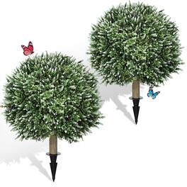 Oumilen - 2 Pack Artificial Flower Topiary Trees – UV Resistant Outdoor Fake Plants with Stakes, 26.3in for Garden Yard - White