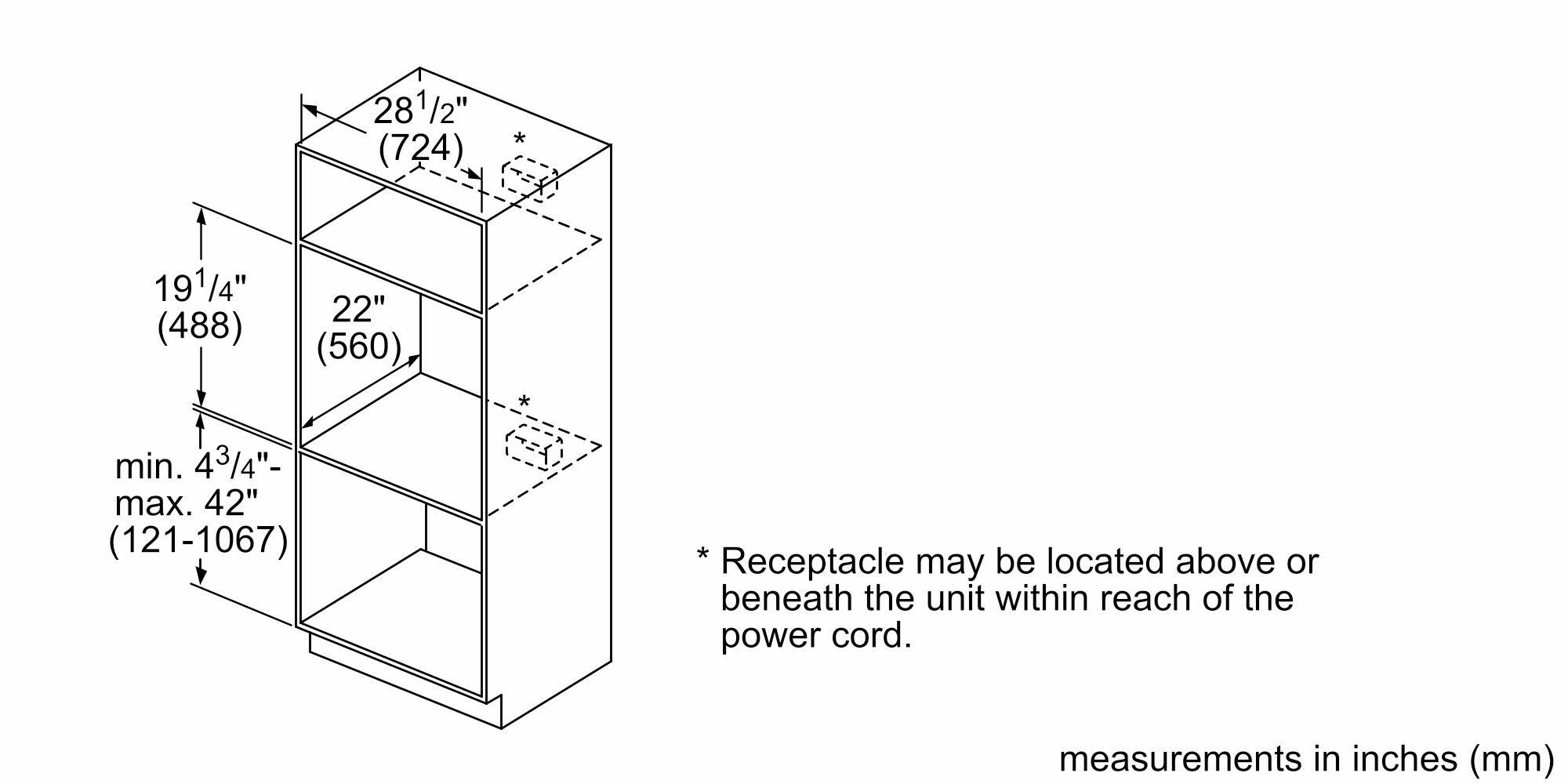 28 1/2" (724)  
19 1/4" (488)  
22" (560)  

min. 4 3/4" - max. 42" (121-1067)  

* Receptacle may be located above or beneath the unit within reach of the power cord.  

measurements in inches (mm)
