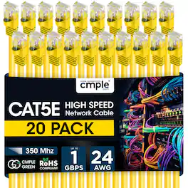 Cmple.com - Cmple - 20 Pack Cat5e Ethernet Cable 3ft Internet Patch Cord, RJ45, 1 Gigabit Router Cables 350Mhz LAN Wire - Yellow