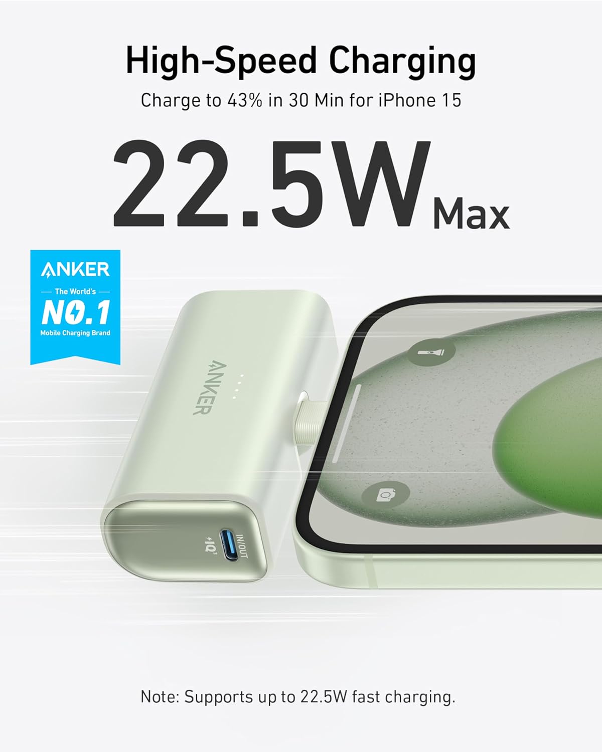 High-Speed Charging  
Charge to 43% in 30 Min for iPhone 15  
22.5W Max  

ANKER  
The World's NO.1 Mobile Charging Brand  

Note: Supports up to 22.5W fast charging.