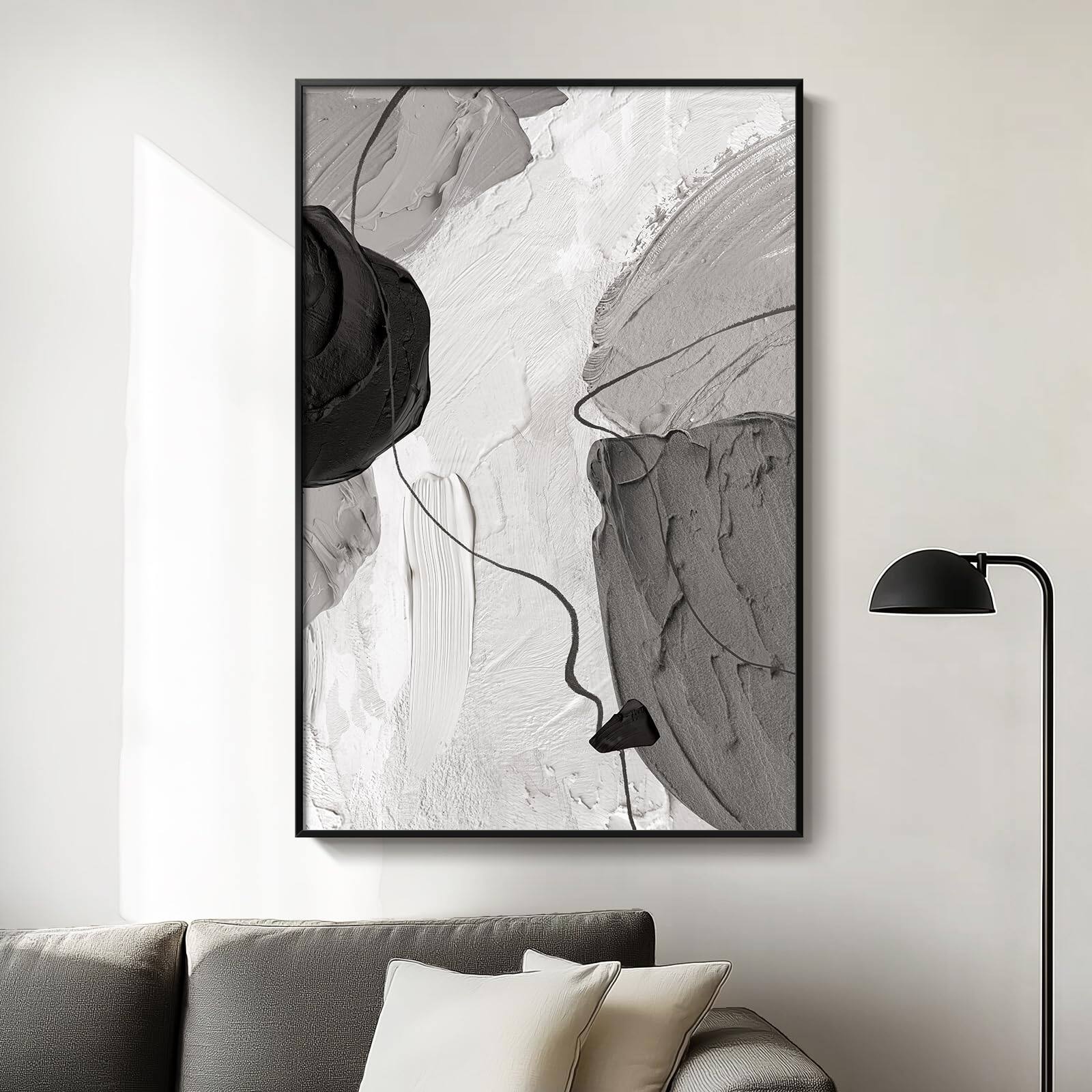 Front. Hanke - Framed Sage Abstract Wall Art Modern Canvas Prints Artwork Walls Square Minimalist 36 x 24 inches - Black White Grey Block 36"L x 24"W.