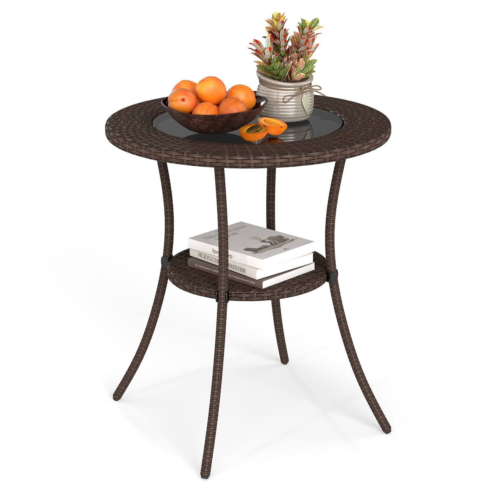 Front. Gymax - Gymax 25.5'' PE Wicker Patio Bistro Table Round Coffee Table w/ Tempered Glass Top Outdoor - Mixed Brown.
