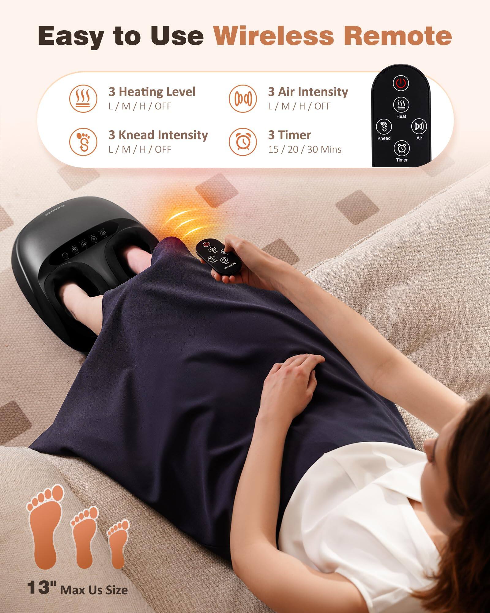 Easy to Use Wireless Remote

- 3 Heating Level: L / M / H / OFF
- 3 Knead Intensity: L / M / H / OFF
- 3 Air Intensity: L / M / H / OFF
- 3 Timer: 15 / 20 / 30 Mins
- 13" Max Us Size