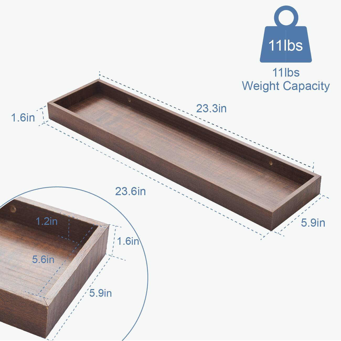 11 lbs  
11 lbs Weight Capacity  

Dimensions:  
- Length: 23.3 in  
- Width: 23.6 in  
- Height: 1.6 in  

Inner Dimensions:  
- Length: 5.9 in  
- Width: 5.6 in  
- Height: 1.2 in  

Thickness: 1.6 in