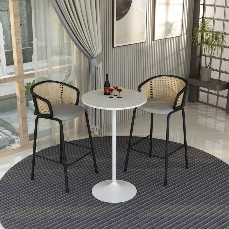 Left. LeisureMod - Verve 27 Inch Round Bar Height Table with MDF Top and White Base, Modern Small Bistro Pub Accent Table - Light Natural Wood.