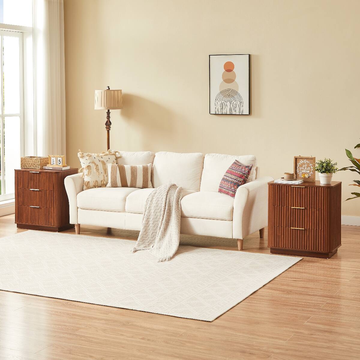 Back. Loheer - Loheer 3 Drawer Nightstand Set of 2, Walnut Nightstand, 23.6 Inch Wide Curved Wave Panels - Walnut.