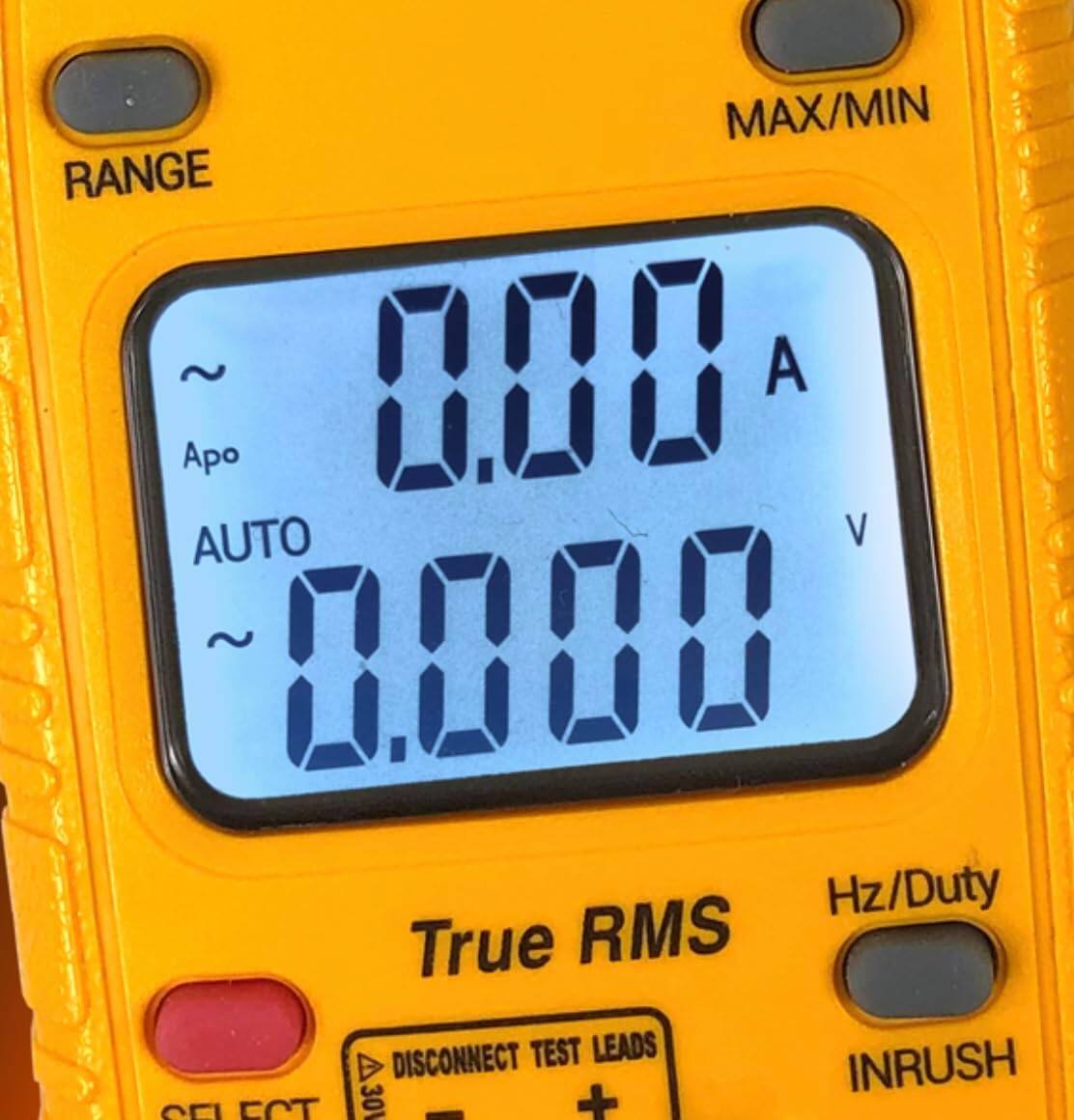 MAX/MIN RANGE ~ 0.000 A Apo AUTO V ~ 0.000 Hz/Duty True RMS DISCONNECT TEST LEADS INRUSH SELECT