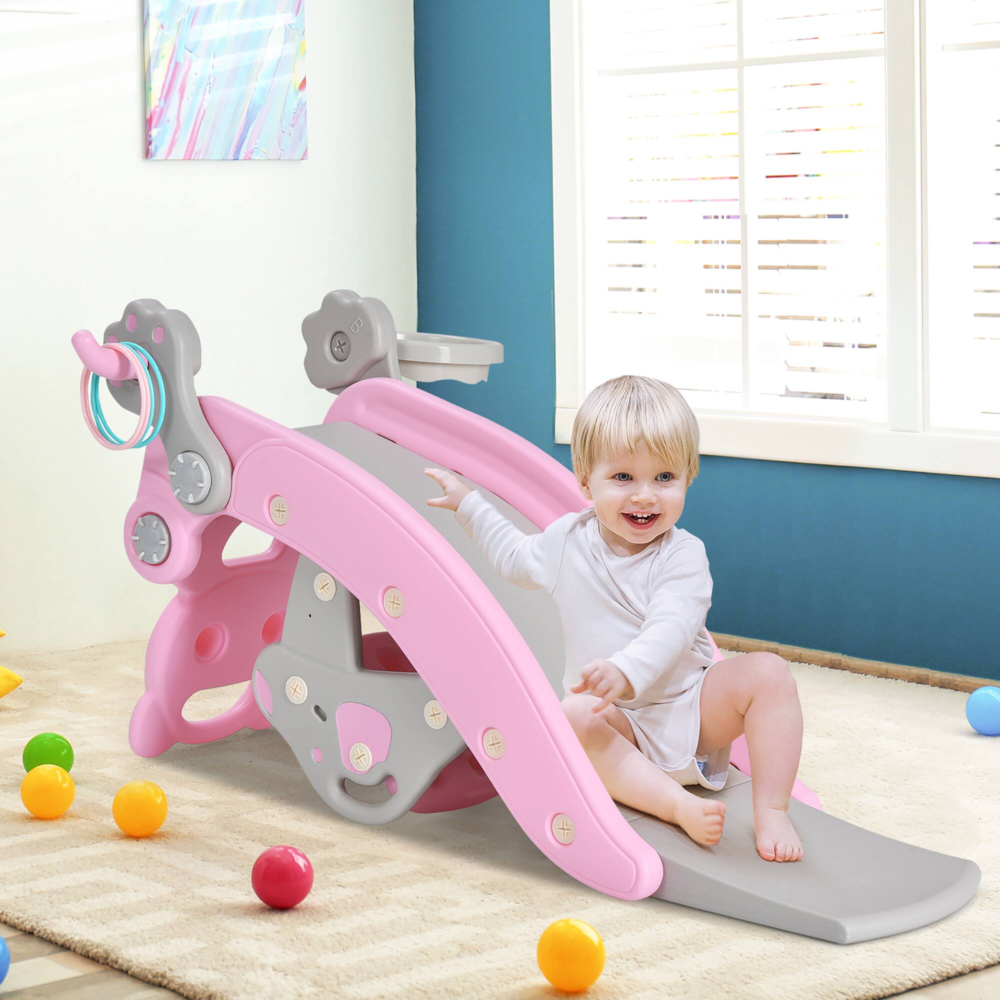 Alt View 3. Costway - Costway 4-in-1 Rocking Horse & Slide Set Toddler Slide Playset w/Basketball Hoop - Pink.