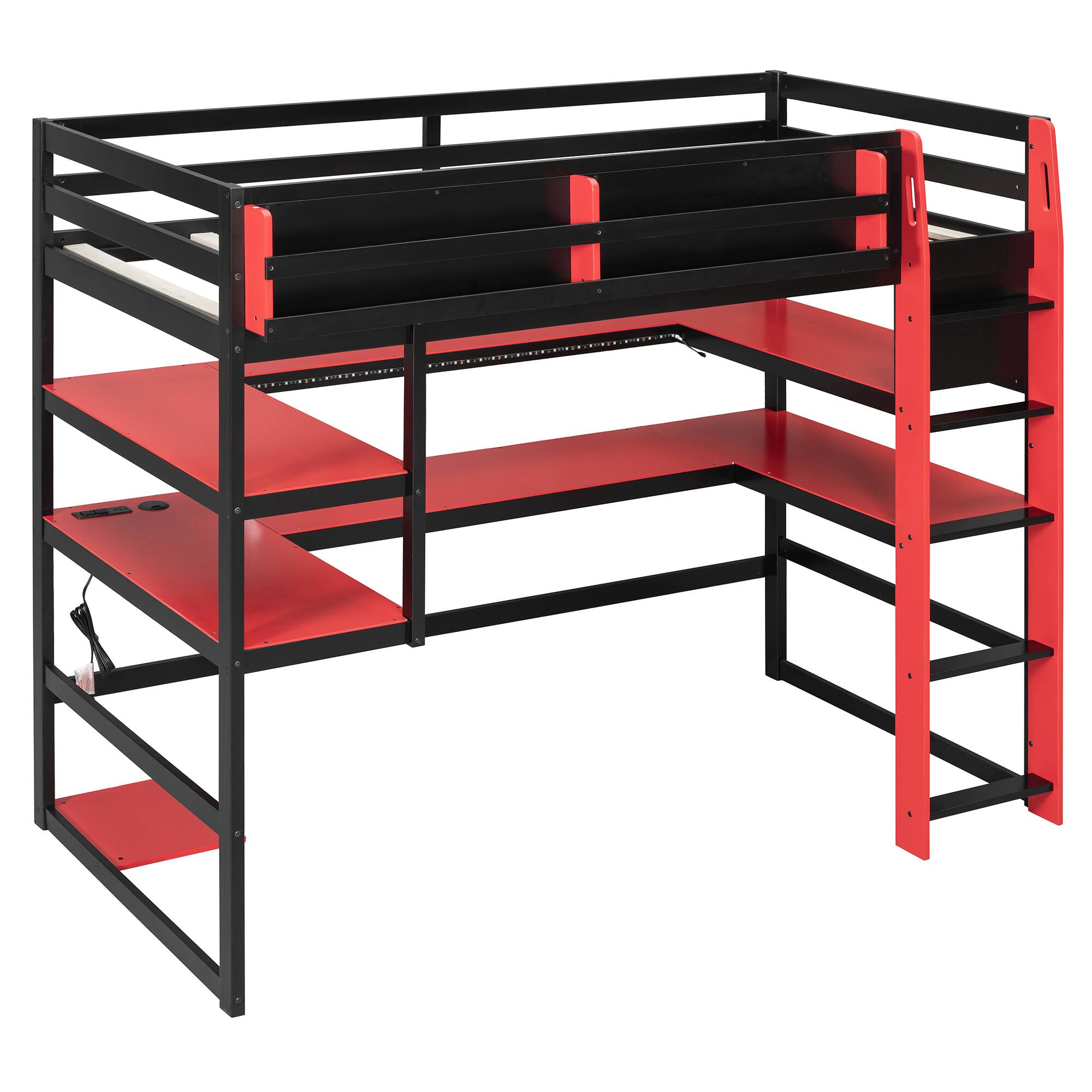Alt View 2. Anysun - Twin Size Wood Loft Bed with Desk,Side storage rack,Multi-storage Shelves and RGB Light,Cloud - Red.