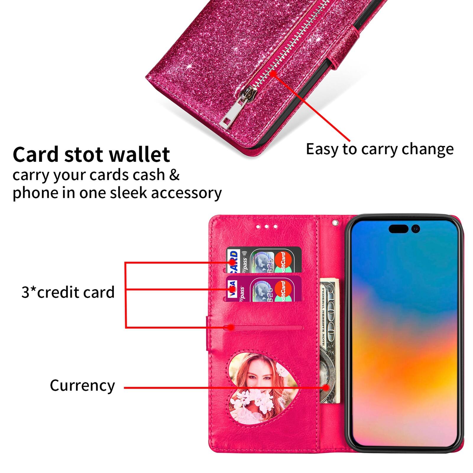 Card stot wallet  
carry your cards cash & phone in one sleek accessory  
Easy to carry change  
3*credit card  
Currency