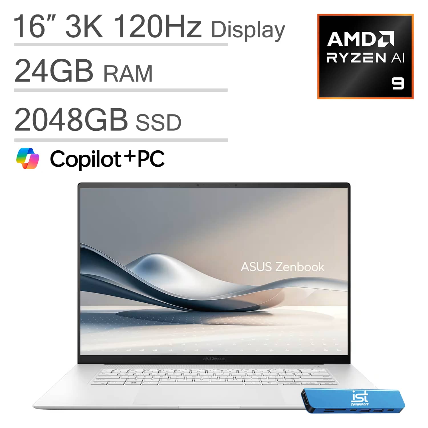 ASUS - Zenbook S 16 Laptop - 16” 3K OLED Touchscreen - Copilot+ PC - AMD Ryzen AI 9 365 - 24GB Memory - 2TB SSD - IST HUB - Scandinavian White