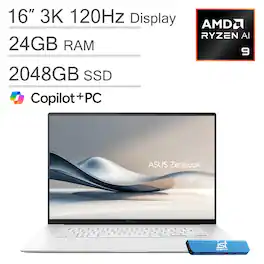 ASUS - Zenbook S 16 Laptop - 16” 3K OLED Touchscreen - Copilot+ PC - AMD Ryzen AI 9 365 - 24GB Memory - 2TB SSD - IST HUB - Scandinavian White