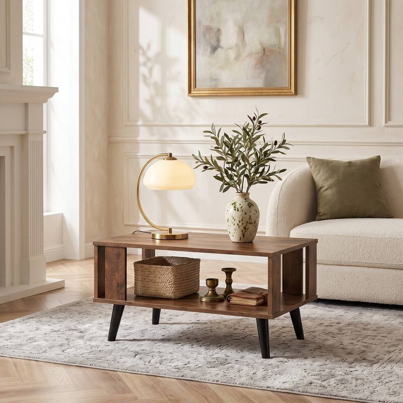 Angle. WELLFOR - Compact Retro Mid-Century Coffee Table with Storage Open Shelf, Wood Center Table for Living Room Apartment - Rustic Brown.