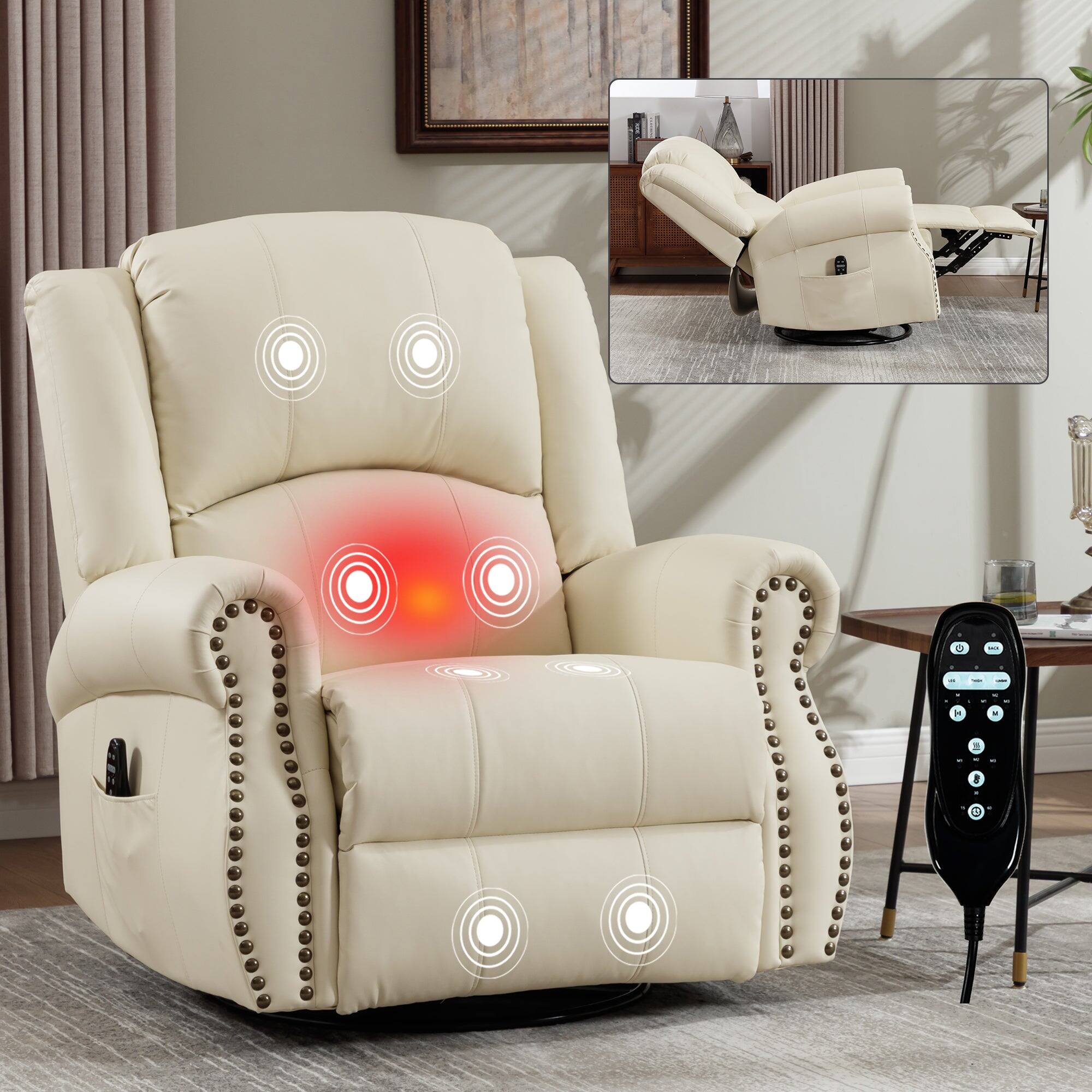 Front. Boyel Living - Multi-Function Faux Leather Massage Recliner Chair with Heat, Swivel and Rocking in Beige - Beige.