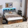 Gymax - LED Bed Frame Full Size w/ Charging Station Upholstered Headboard 4 Drawers - Rustic Brown, Black