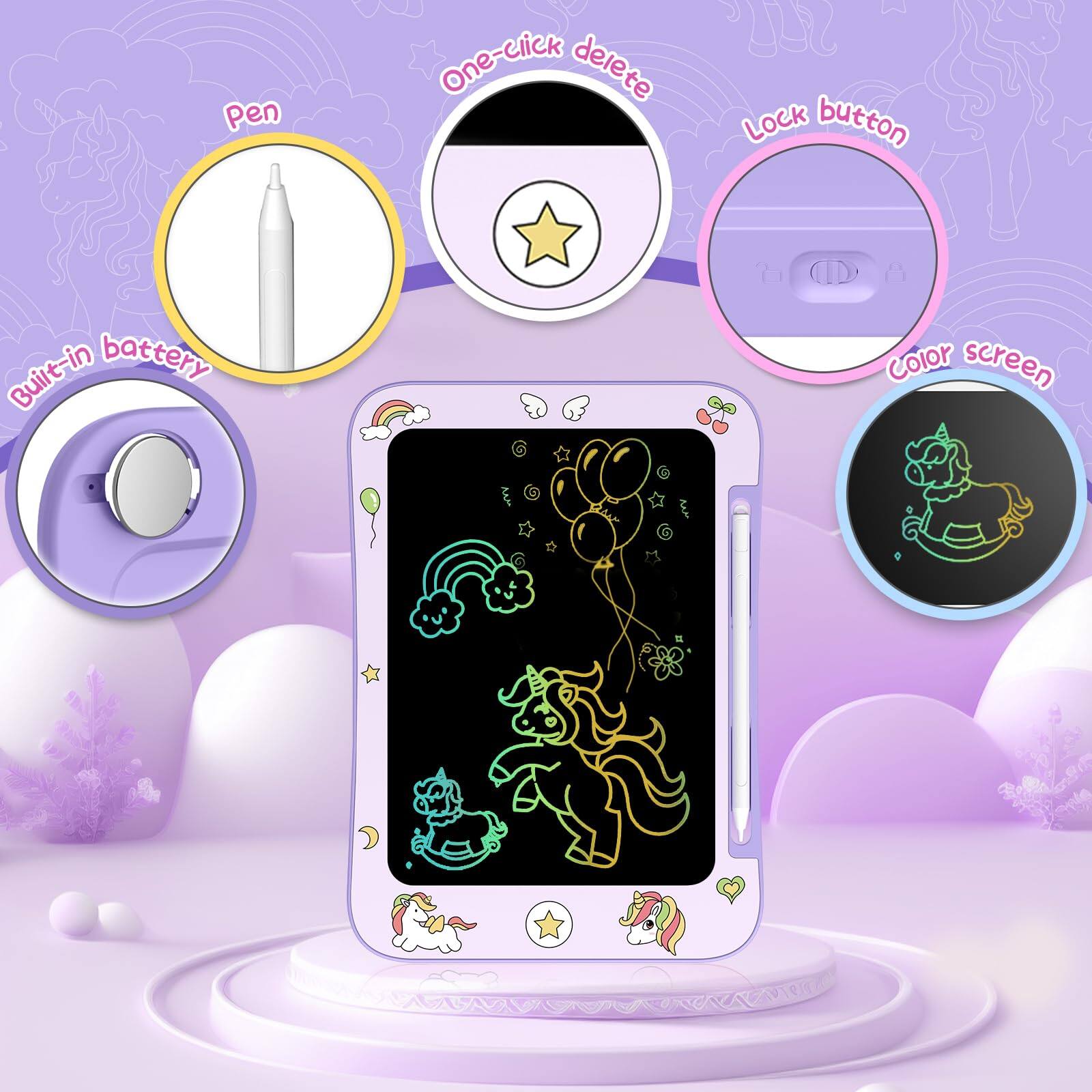 - Pen
- One-click delete
- Lock button
- Built-in battery
- Color screen