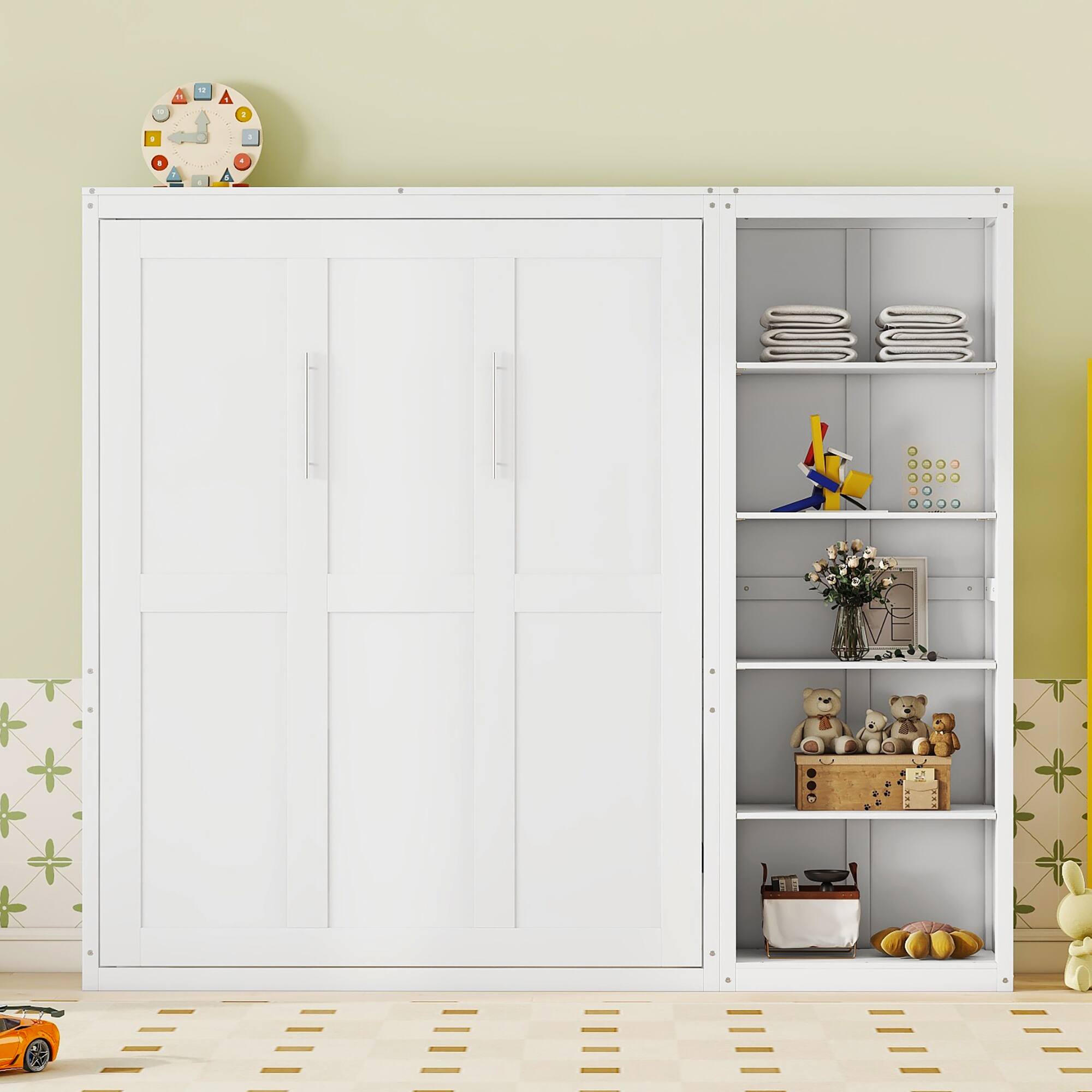 Left. Tiramisubest - Queen Size Murphy Wall Bed with Shelves, White, Wood + MDF, Space-Saving - White.