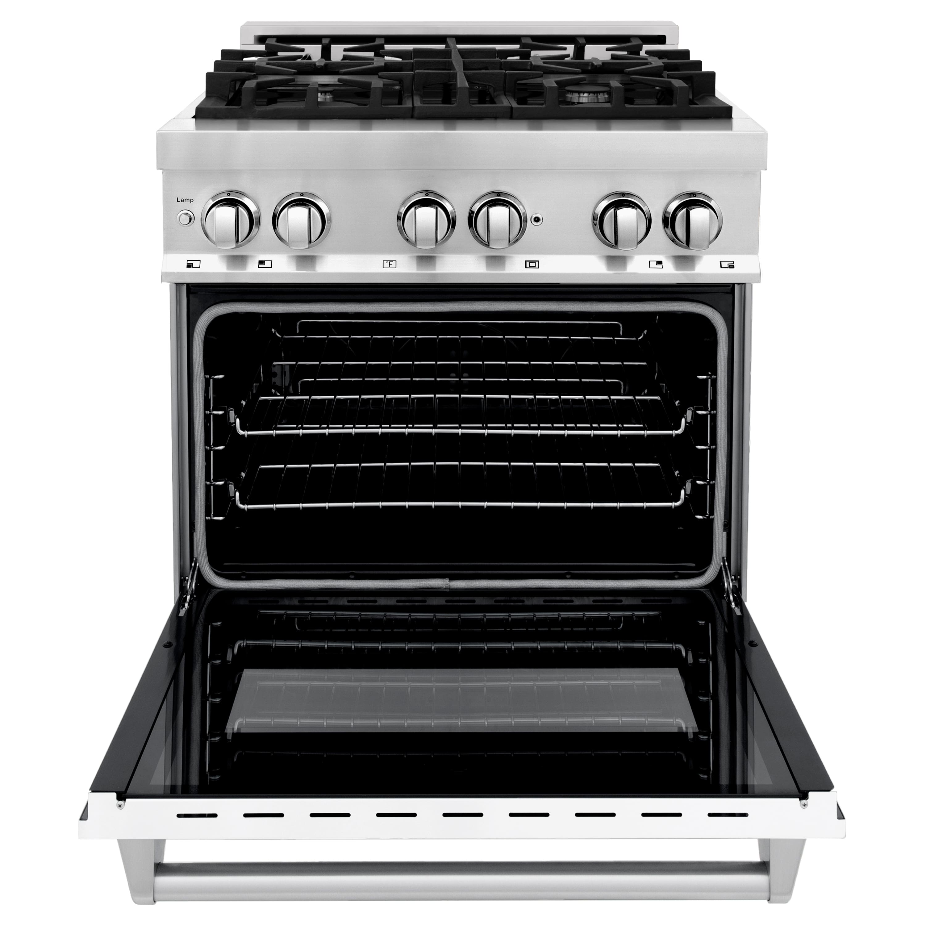 Left. ZLINE - 30" Legacy Dual Fuel Range w/ 4 Burner Cooktop & Electric Oven w/ White Matte Door (RA-WM-30) - Stainless steel.