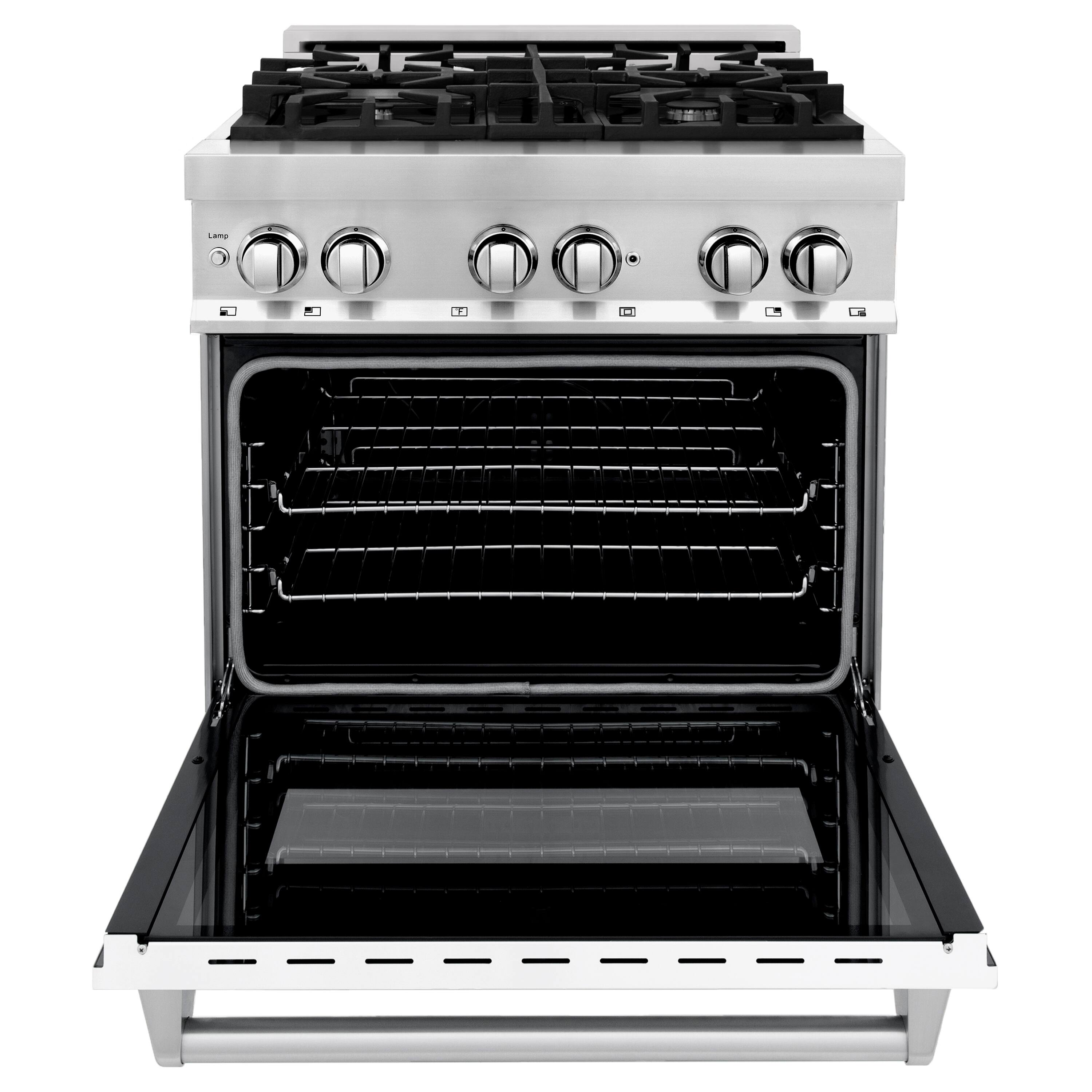Left. ZLINE - 30" Legacy Dual Fuel Range w/ 4 Burner Cooktop & Electric Oven w/ White Matte Door (RA-WM-30) - Stainless steel.