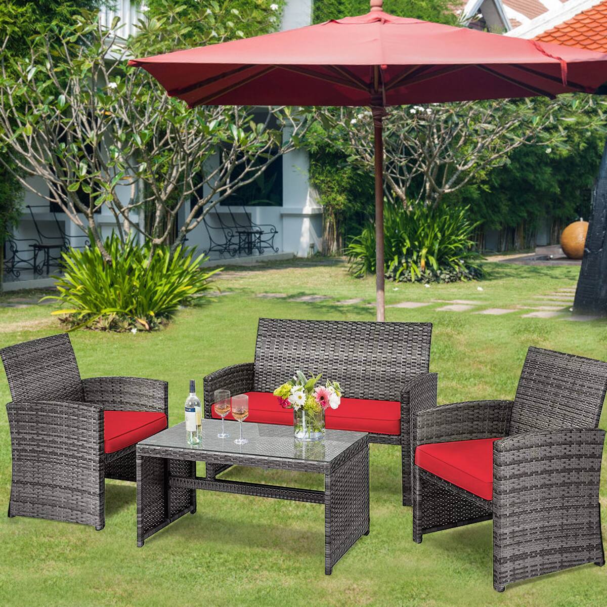 Alt View 4. Costway - Costway 8PCS Patio Rattan Furniture Set Glass Table Top Cushioned Sofa - Red.