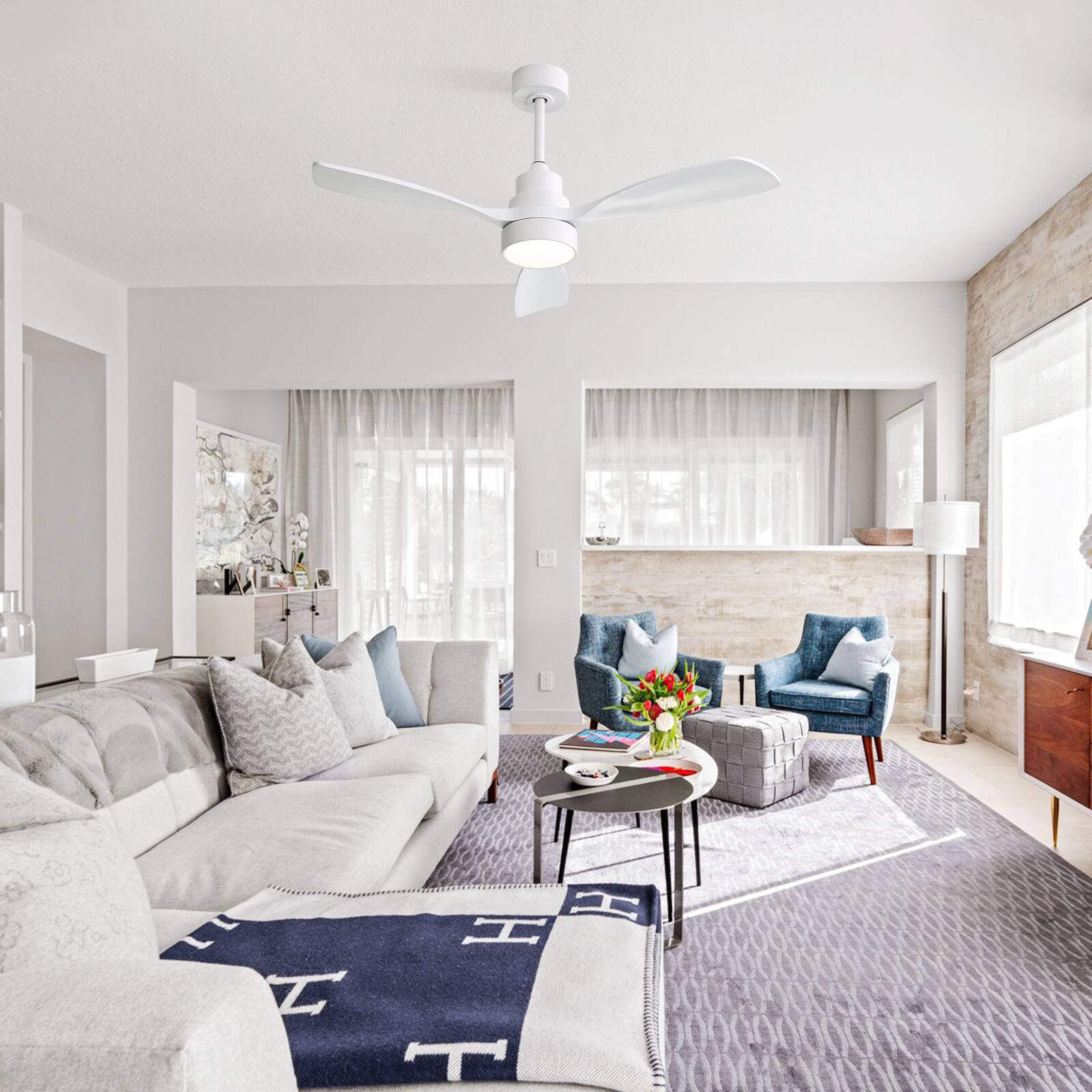 Alt View 2. Sofucor - 48'' Low Profile Flush Mount Modern Wood Dimmable LED Ceiling Fans with Lights/Remote/Reversible DC Motor Indoor/Outdoor - White.