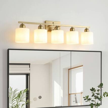 Front. Kadyn - Gold Bathroom Light Fixtures, 5-Light Modern Vanity Light, Wall Sconces with Milky White Frosted Glass Shades - Gold.
