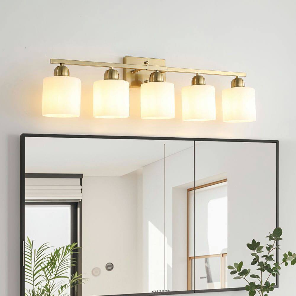 Front. Kadyn - Gold Bathroom Light Fixtures, 5-Light Modern Vanity Light, Wall Sconces with Milky White Frosted Glass Shades - Gold.