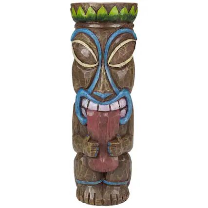 Front. Northlight - 16" Solar Lighted Polynesian Outdoor Garden Tongue Out Tiki Statue - Brown.