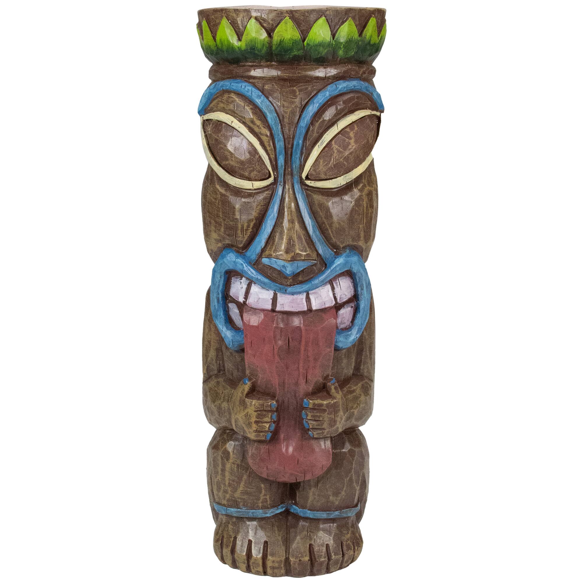 Front. Northlight - 16" Solar Lighted Polynesian Outdoor Garden Tongue Out Tiki Statue - Brown.