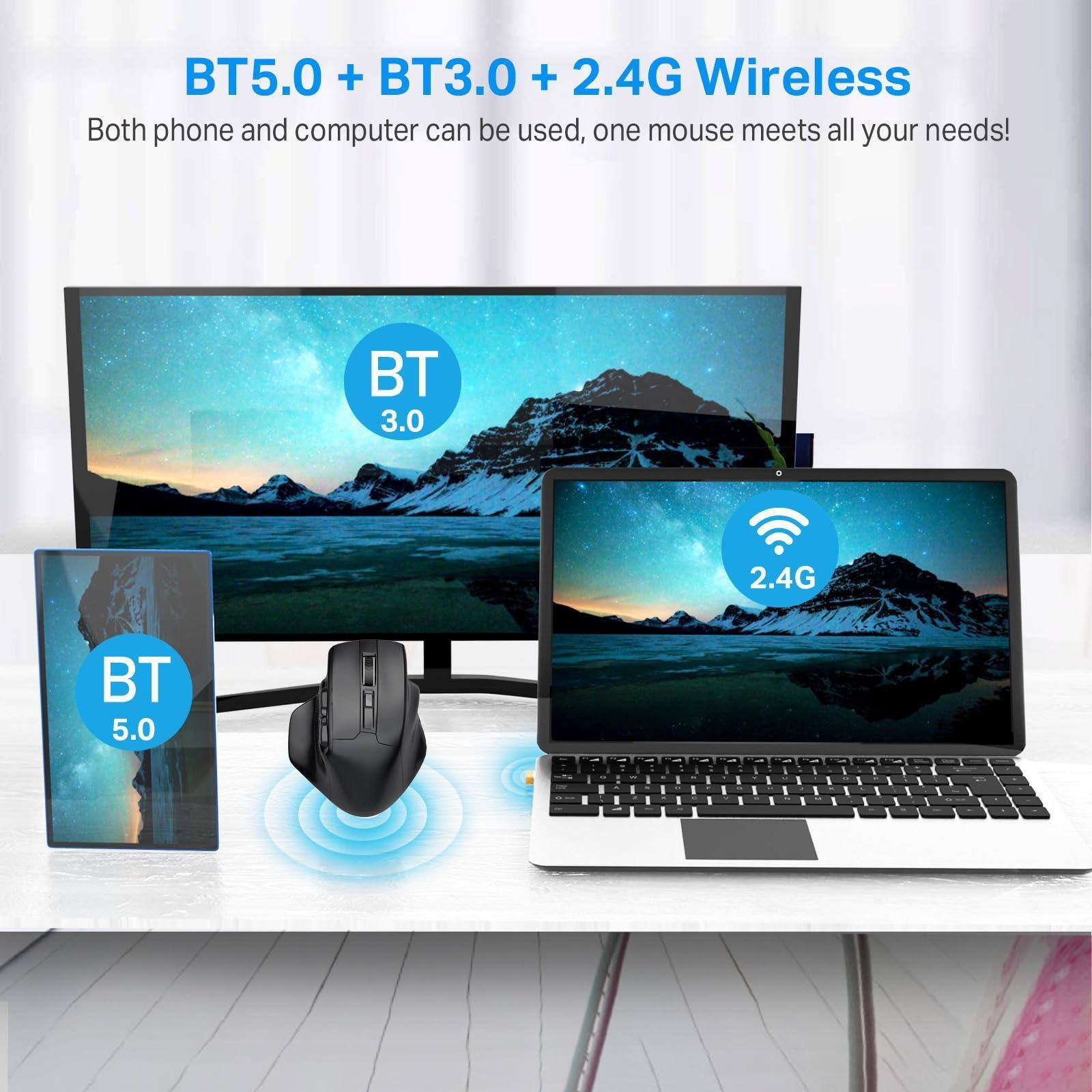 BT5.0 + BT3.0 + 2.4G Wireless  
Both phone and computer can be used, one mouse meets all your needs!