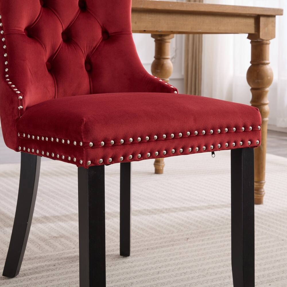 Alt View 8. Loheer - Loheer Burgundy Velvet Tufted Dining Chairs Set of 2 High Back Solid Wood Legs - Burgundy.