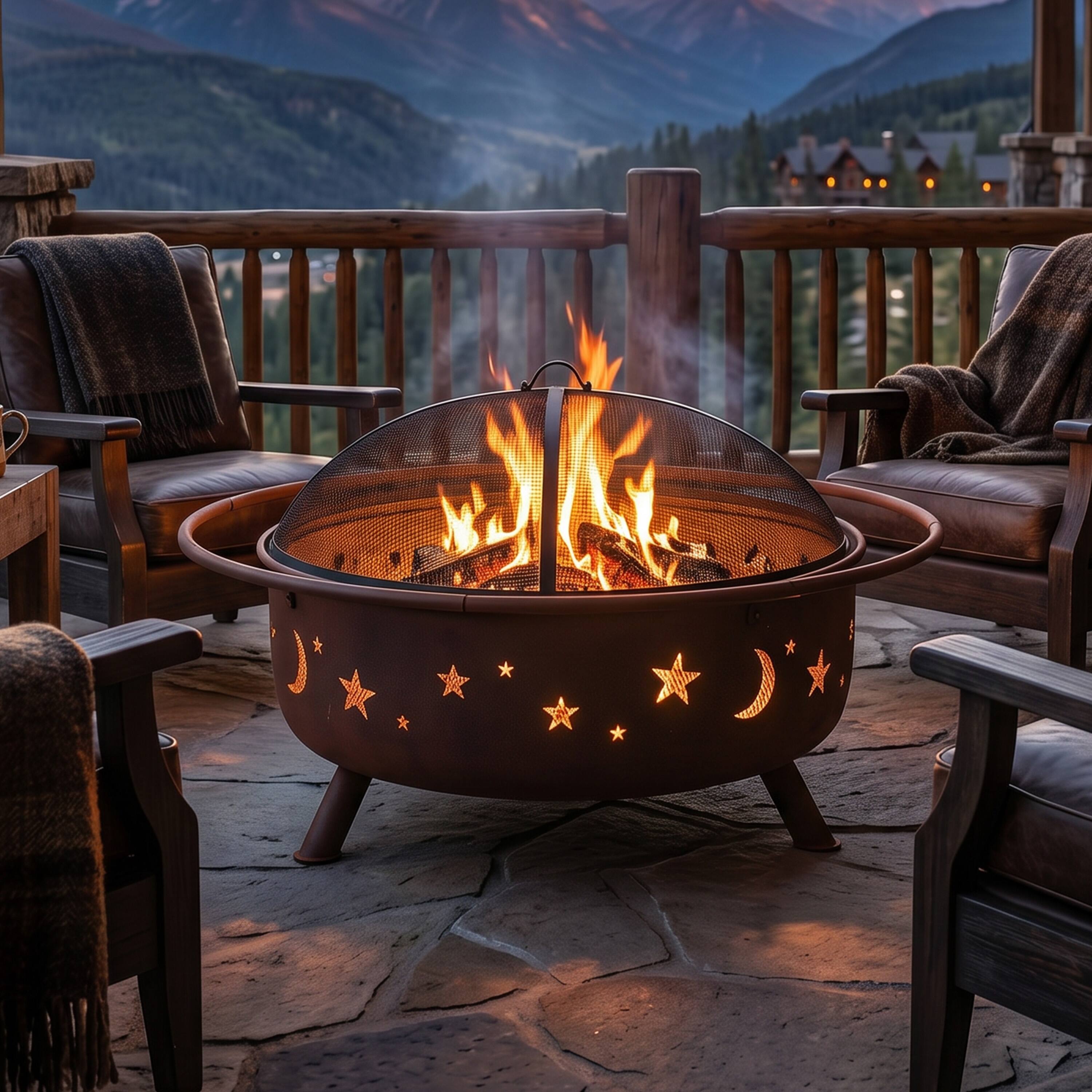Alt View 2. Sunnydaze - 42 in Cosmic Steel Fire Pit w/Spark Screen/Poker - Bronze.