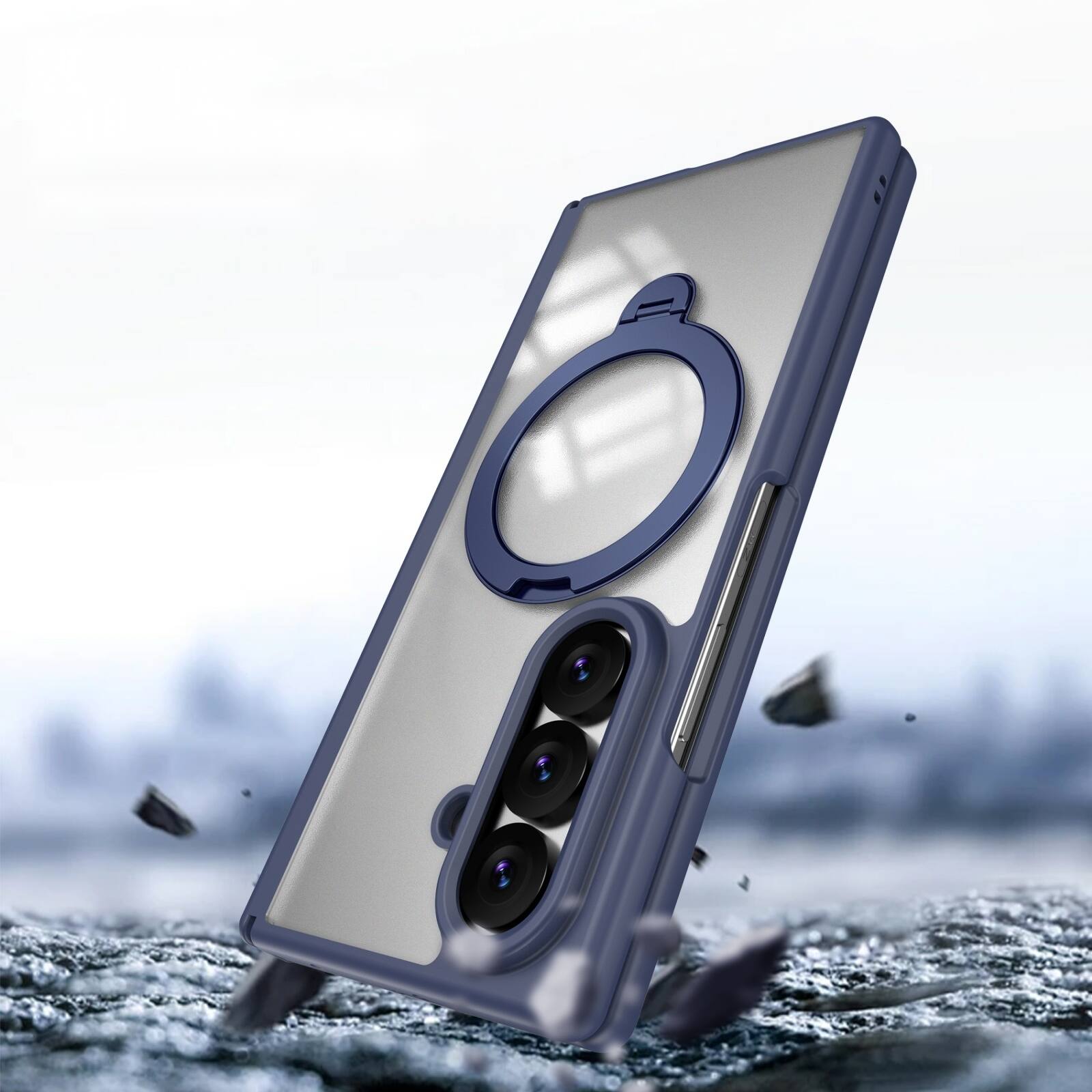 Left. Dteck - For Samsung Galaxy Z Fold8 Ultra Magnetic Case Built-in Screen Protector,Shockproof Ring Stand Clear Back Hinge Cover - Blue.