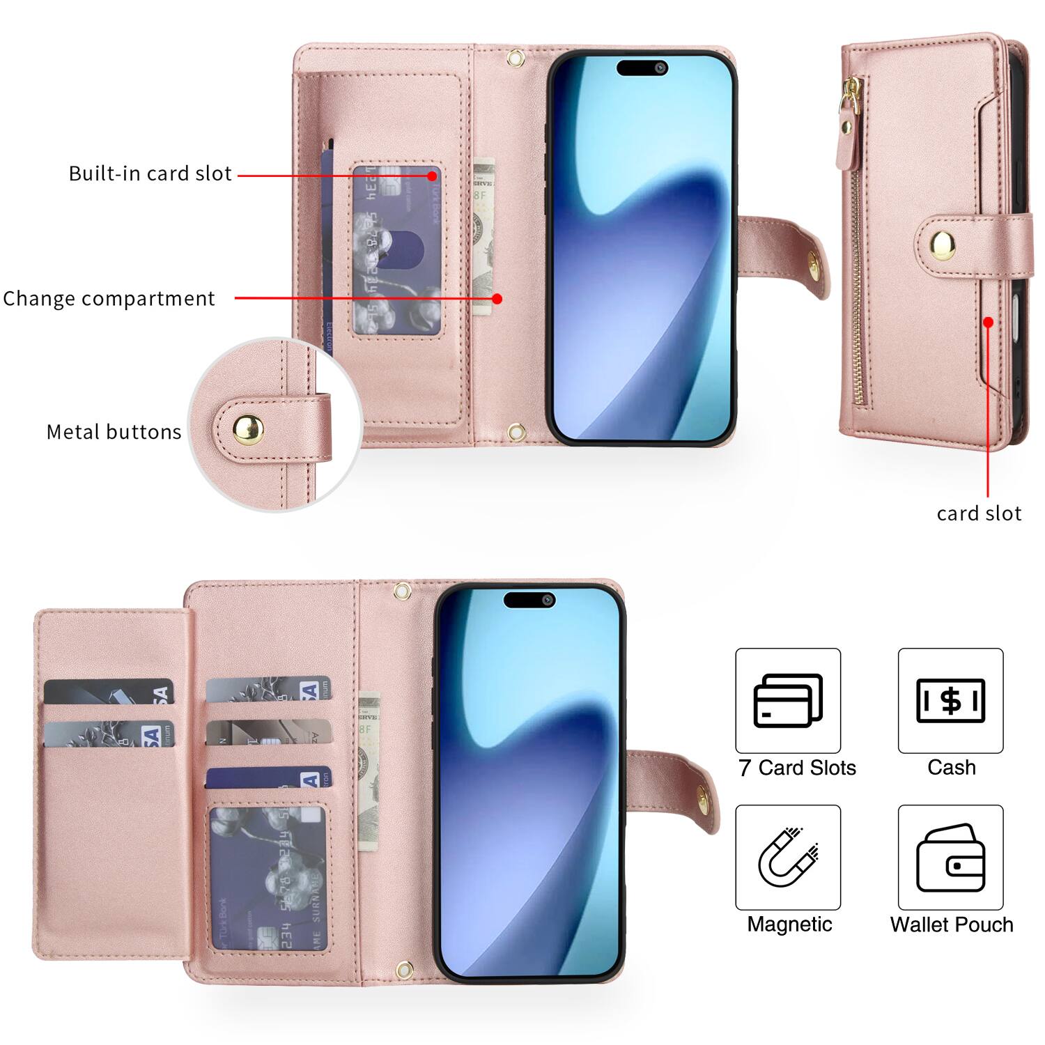 Built-in card slot  
Change compartment  
Metal buttons  

7 Card Slots  
Cash  
Magnetic  
Wallet Pouch  

card slot