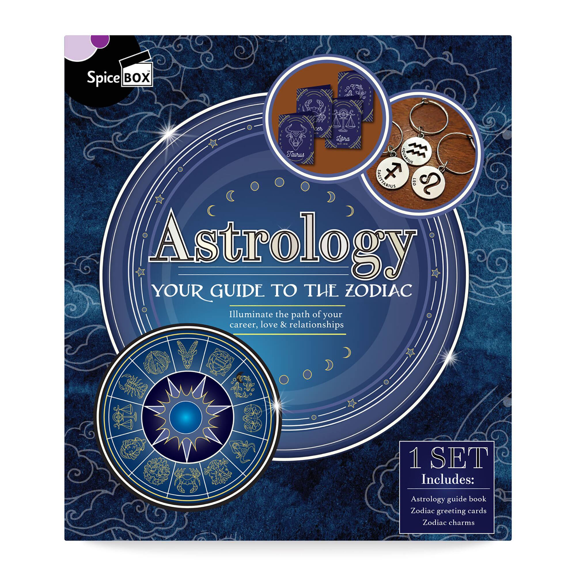 Spice Box Astrology YOUR GUIDE TO THE ZODIAC Illuminate the path of your career, love & relationships 1 SET Includes: Astrology guide book Zodiac greeting cards Zodiac charms