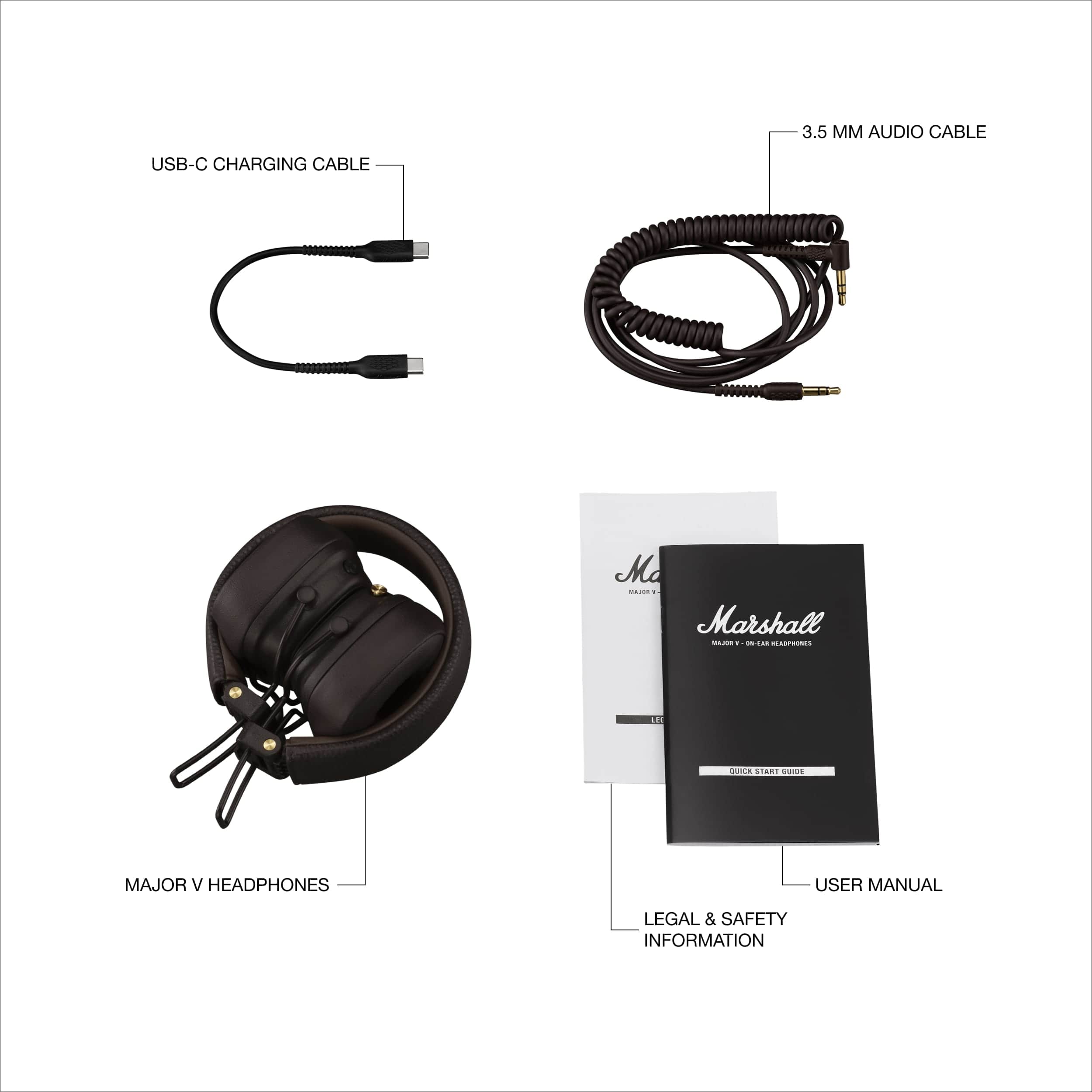 The text on the image is grouped and corrected as follows:
1. USB-C CHARGING CABLE: USB-C CHARGING CABLE
2. 3.5 MM AUDIO CABLE: 3.5 MM AUDIO CABLE
3. Marshall - Major Headphones: Marshall - Major Headphones
4. USER MANUAL: USER MANUAL
5. Legal & Safety Information: Legal & Safety Information