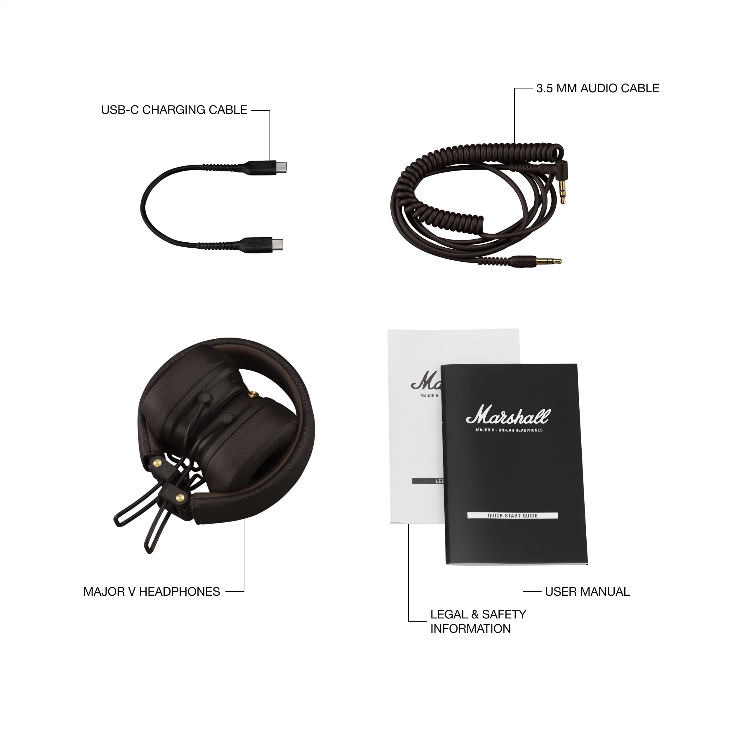 The text on the image is grouped and corrected as follows:

1. USB-C CHARGING CABLE: USB-C CHARGING CABLE
2. 3.5 MM AUDIO CABLE: 3.5 MM AUDIO CABLE
3. Marshall - Major Headphones: Marshall - Major Headphones
4. USER MANUAL: USER MANUAL
5. Legal & Safety Information: Legal & Safety Information