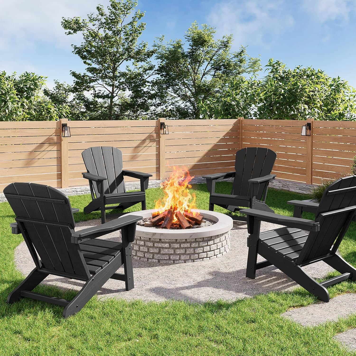 Homhougo - Modern Plastic Adirondack Chair Set of 4, Oversized 380 lb Poly Lumber Outdoor Chairs - Black