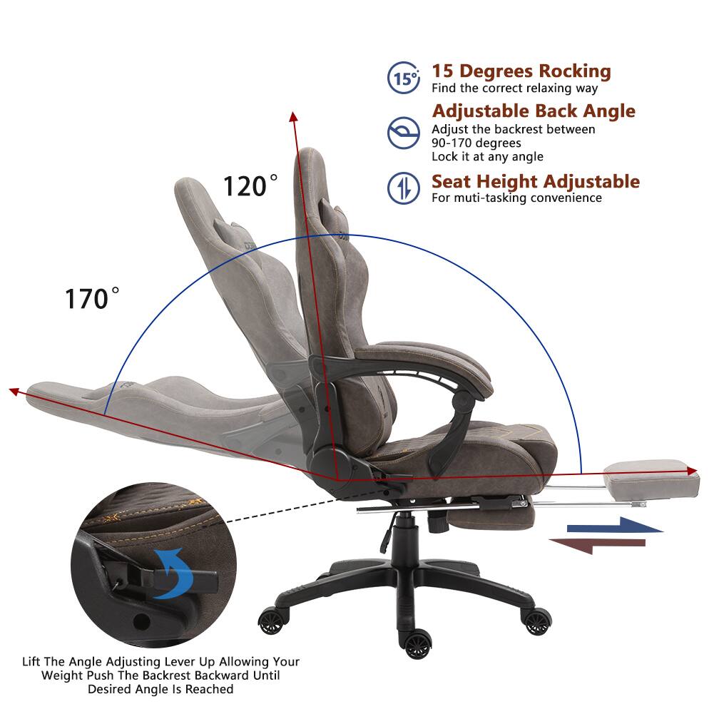 15 Degrees Rocking  
Find the correct relaxing way  

Adjustable Back Angle  
Adjust the backrest between 90-170 degrees  
Lock it at any angle  

Seat Height Adjustable  
For multi-tasking convenience  

Lift The Angle Adjusting Lever Up  
Allowing Your Weight Push The Backrest Backward Until Desired Angle Is Reached