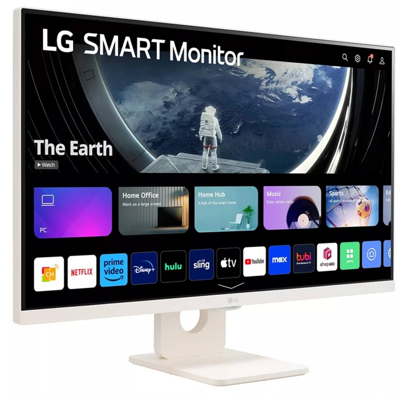 LG SMART Monitor

The Earth  
Watch

Home Office  
Work on a large screen

Home Hub  
A hub of the smart home

Music  
Enjoy various songs

Sports  
A sportscast

PC

prime video  
Disney+  
hulu  
sling tv  
YouTube  
max  
tubi  
shop  
APPS