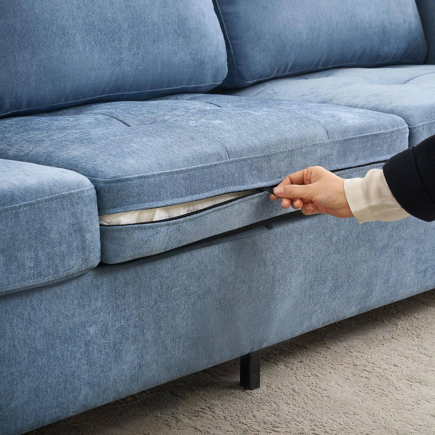 Alt View 2. Jojoka - 89" 3-Seater Chenille Sofa with Removable Cushion, Wide Armrests & Side Storage Pockets - Blue.