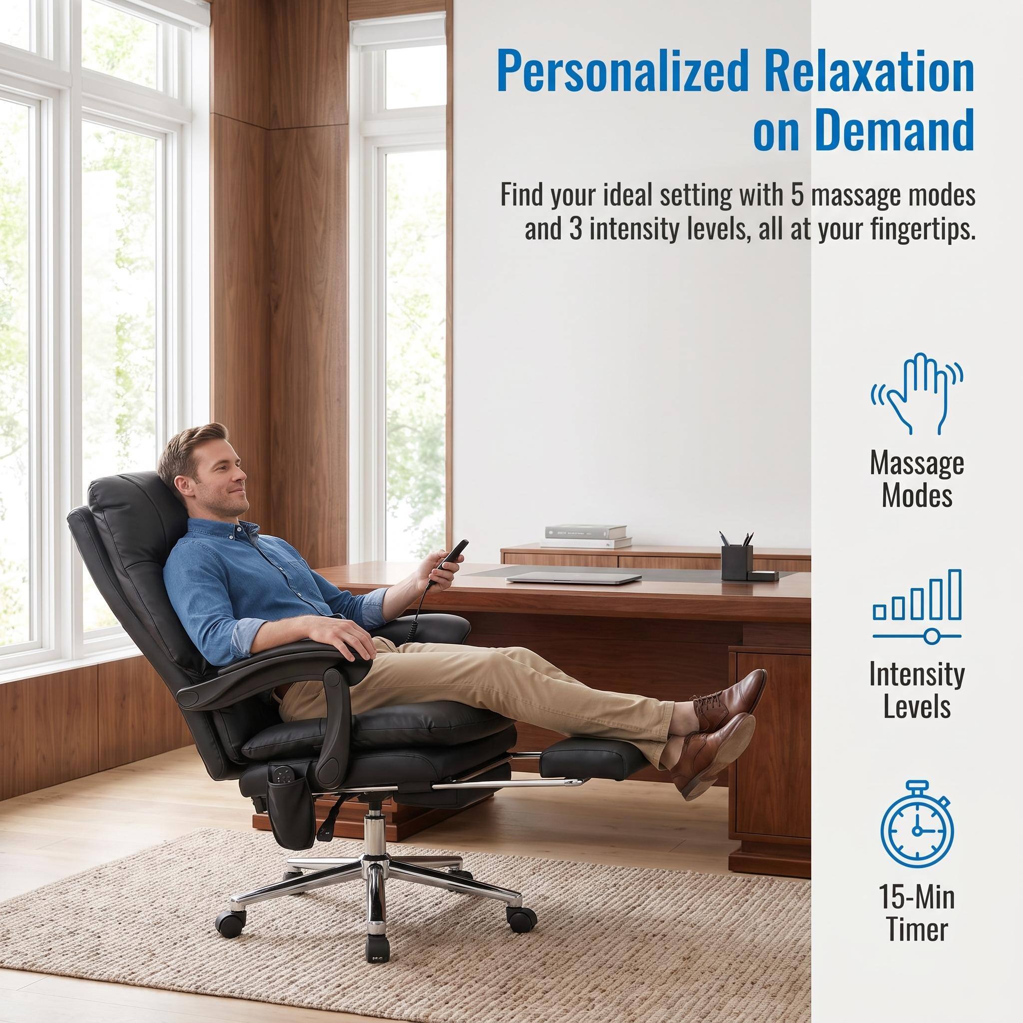 Personalized Relaxation on Demand  
Find your ideal setting with 5 massage modes and 3 intensity levels, all at your fingertips.

Massage Modes  
Intensity Levels  
15-Min Timer