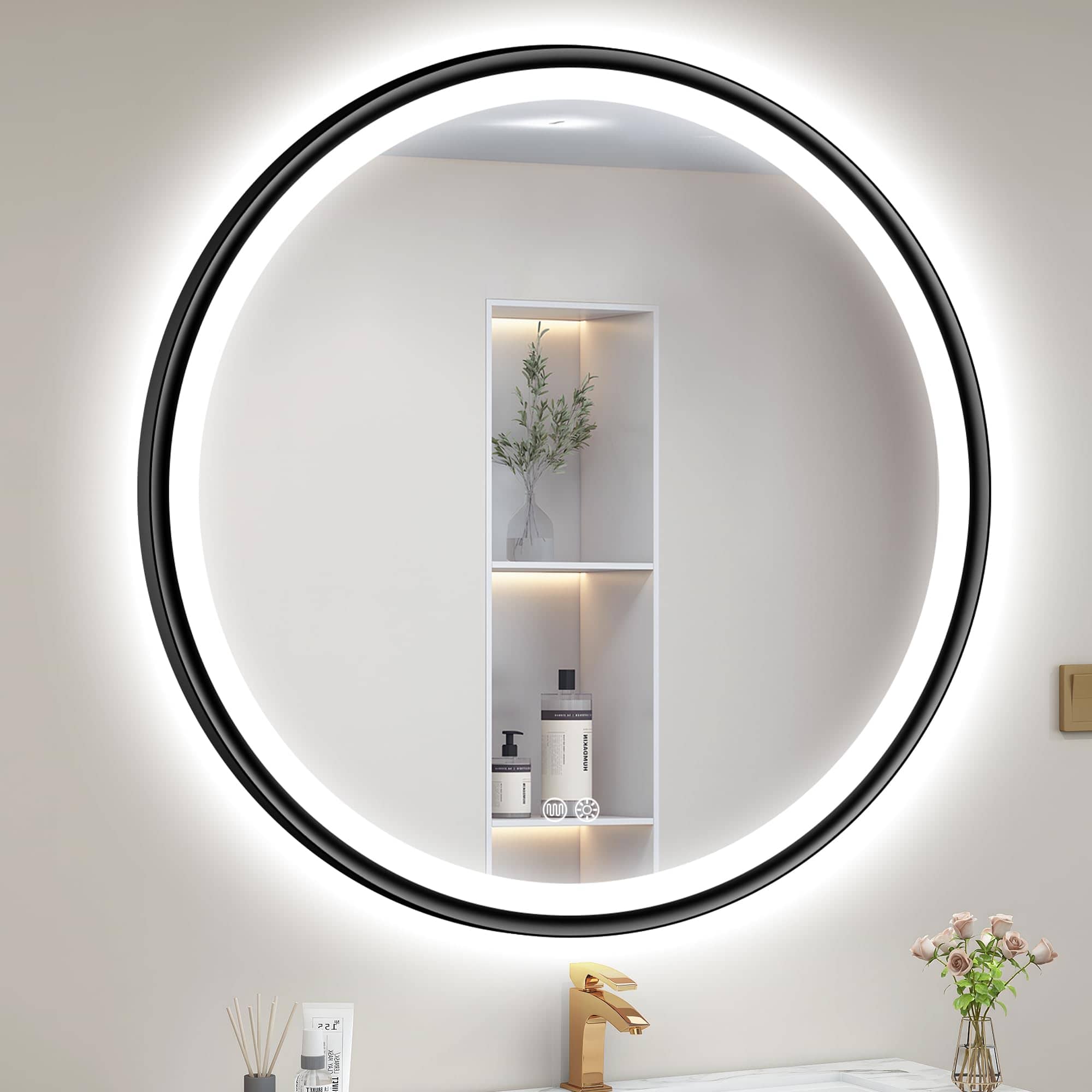 Earthley Blooms - Led-bathroom-mirror-with--frame Lighted-bathroom-mirror-brightness-dimmable Anti-fog 3 Lights Colors Wall - Black-round-32"L x 32"W