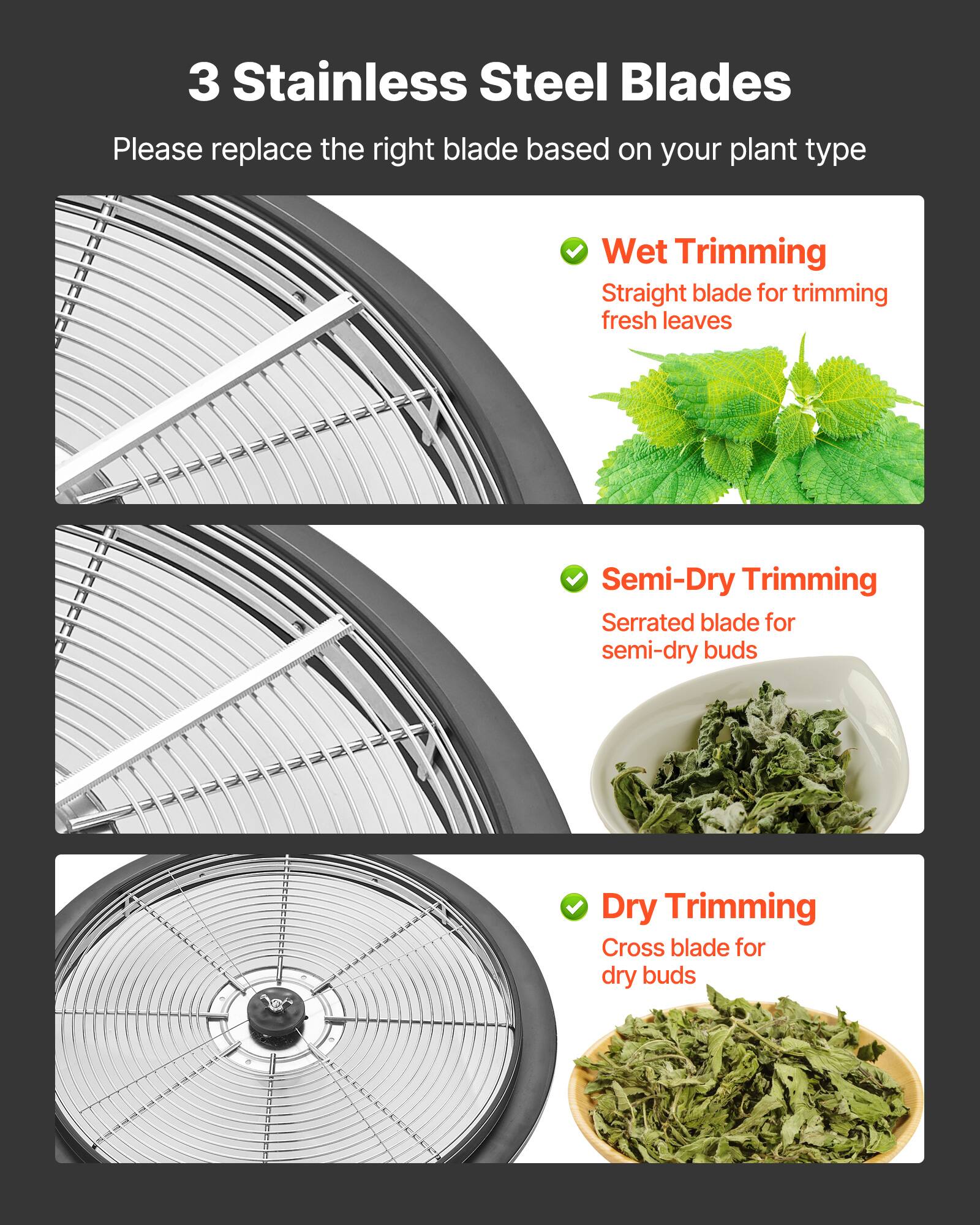 3 Stainless Steel Blades

Please replace the right blade based on your plant type

- Wet Trimming
  - Straight blade for trimming fresh leaves

- Semi-Dry Trimming
  - Serrated blade for semi-dry buds

- Dry Trimming
  - Cross blade for dry buds