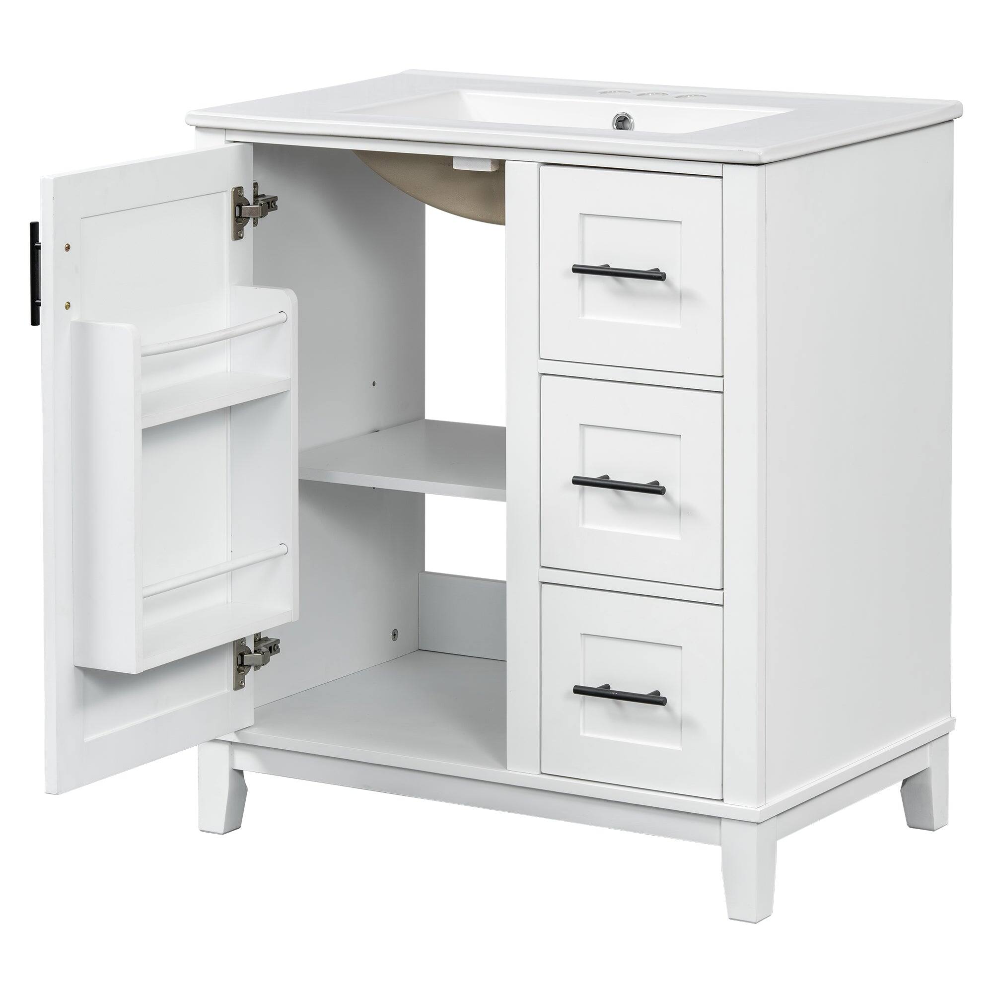 Back. Boyel Living - 30 Inch Modern Bathroom Vanity with Ceramic Sink Solid Wood Frame and Soft Close Storage - White.