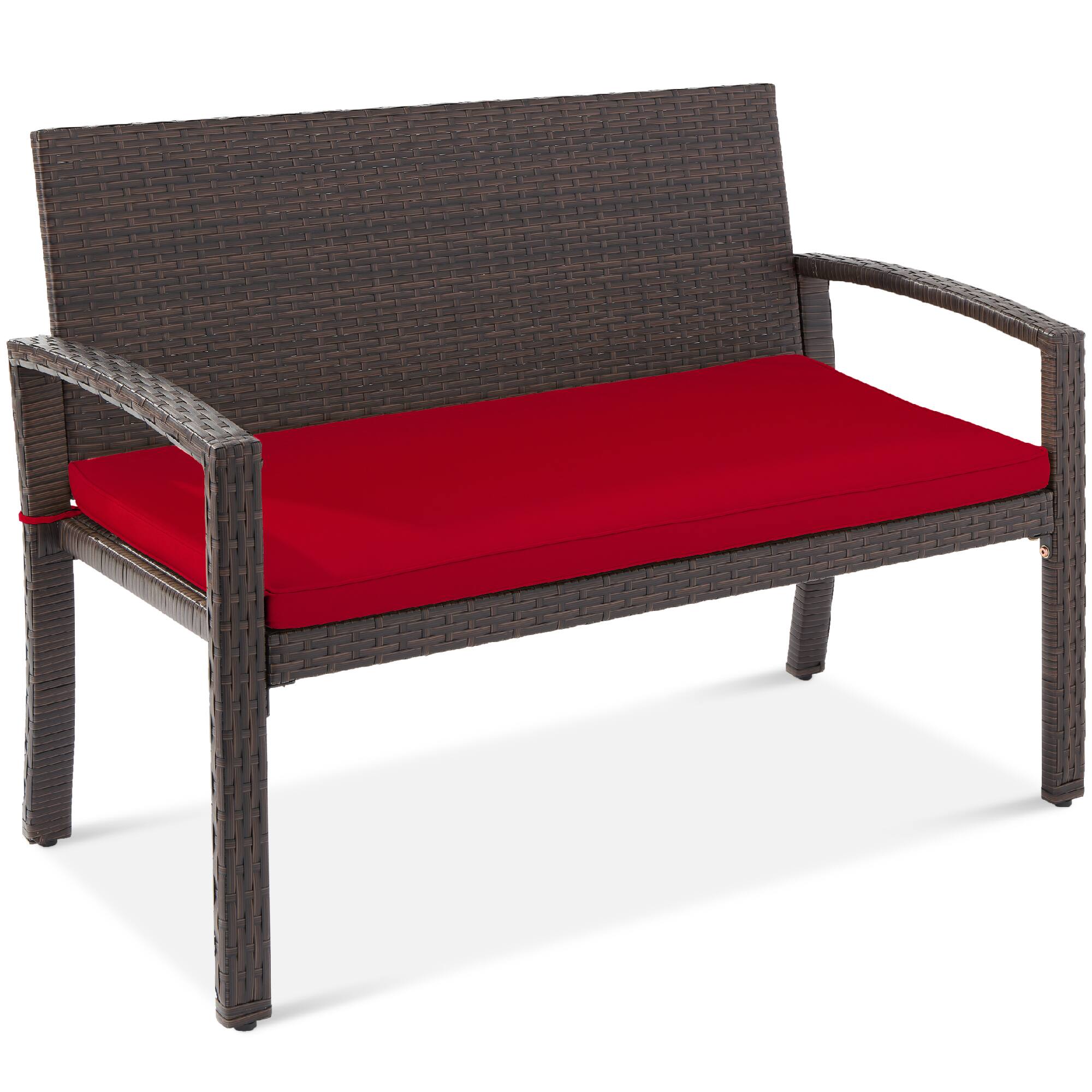Best Choice Products - 2-Person Outdoor Wicker Bench Garden Patio Porch Furniture w/ 700lb Capacity - Brown/Red